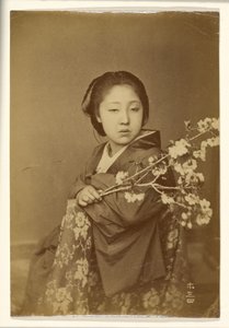 [Japanese Woman Holding Blossoming Prunus Branch]