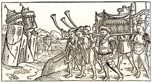 Jews carry the Ark of the Covenant in front of the collapsing walls of Jericho by Unknown artist