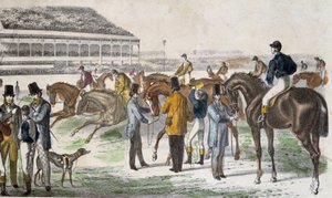 Jockeys and their horses before the race - engraving, c. 1850 by Unknown artist