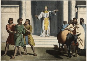 Joseph keeping Simeon hostage: Joseph the Patriarch asks his brothers to introduce him to the younger Benjamin and keeps Simeon hostage waiting for their return. Anonymous engraving from the middle of the 19th century. by Unknown artist