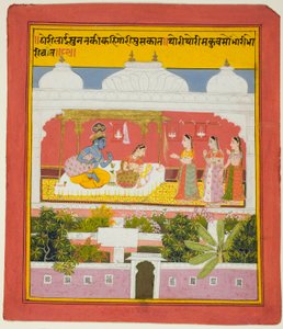 Krishna and Radha in a Pavilion, from a copy of the Seven Hundred Verses (Sat Sai) of Bihari by Unknown artist
