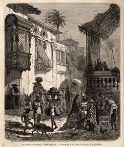 La casa de la Merced (now Mercy Street) in Saint Augustine, the oldest city in the United States, founded by the Spaniards in 1565; main street of the city, small and populous, with various animals and a singular blend of various American t
