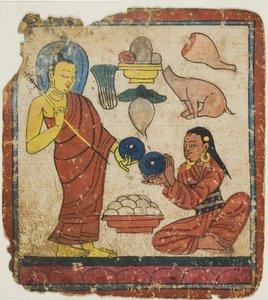 Lady Offering Food to a Monk, From a Set of Initiation Cards (Tsakali) by Unknown artist