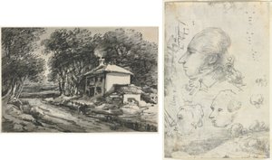 Landscape with Cottage; Studies of Heads by Unknown artist