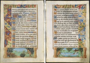 Leaf from a Book of Hours: Ape Hunting Wild Boars (recto) and Ape Fishing (verso) by Unknown artist