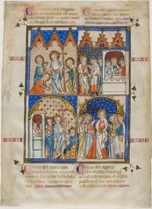 Leaf from a Picture Cycle: Christ Appearing to the Three Marys, Christ and the Pilgrims on the Road to Emmaus, Doubting Thomas, and Christ Appearing to the Apostles