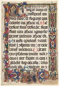 Leaf from a Psalter with Full Border with Medallions (Annunciation, SS. Jerome, Clare, Sebastian and Bernardino) and Historiated Initial (E): Virgin and Child