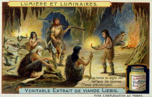 Light and Light Fixtures: The Clay Lamp of Cave Inhabitants During Prehistoric Times. Illustration on Liebig Packaging by Unknown artist