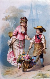 Little Gardener: A Young Boy with a Wheelbarrow Full of Flowers Talks with a Young Woman on the Way to a Village