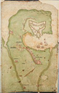 Map of Smerwick, Ireland, Showing the English Earthwork with Two Guns for Attacking the Spanish Fort and English Soldiers Marching Out of Castell More by Unknown artist