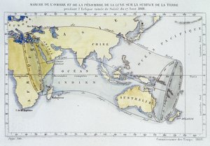 Map, published by the Bureau of Longitudes, showing the march of the shadow and darkness of the Moon on the Earth