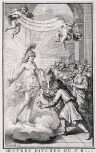 Men looking at themselves without their masks in front of the mirror of the allegory of truth. Engraving of the 18th century by Unknown artist