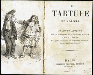 Moliere frightening an ecclesiaste using a theatre mask - Frontispiece of “Tartuffe” by Molière, ed. Hingray, Paris by Unknown artist