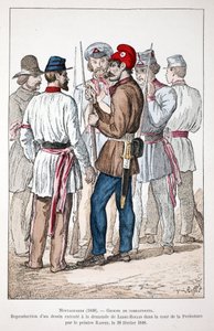 Montagnards (1848), a group of fighters, one of whom wears the Phrygian cap and the revolutionary cockade. Eau forte en couleurs, reproduction of a drawing executed at the request of Alexandre Ledru-Rollin in the courtyard of the
