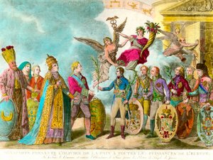 Napoleon Bonaparte presents the olive tree of peace to all the powers of Europe (Engraving)