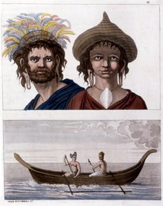 Native to Easter Island (Rapa Nui) in Polynesia, members of the Long Ears clan. Downstairs, one of their boats. - in “The Old and Modern Costume” by Jules Ferrario by Unknown artist