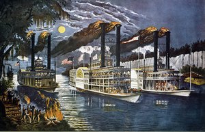 Night Race of the 2 Boats at Dawn on the Mississippi