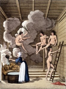 Nude Characters in a Finnish Sauna. Engraving from 1811 Includes a Book About the Journey