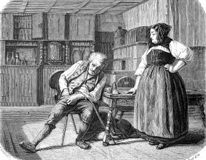 Old Man in an Inn in France, Looking in His Pocket for Money to Pay His Bill by Unknown artist