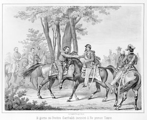 On 26 October 1860, Giuseppe Garibaldi met King Victor Emmanuel II near Teano. Engraving of the 19th century