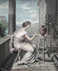 Painter, Artist, Young Greek Woman Painting a Vase, Historical, Digital Reproduction of an Original 19th Century Artwork by Unknown artist