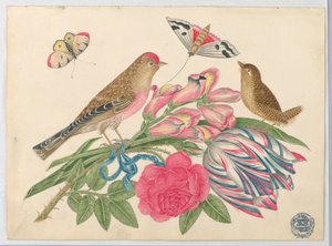 Pair of Brown Birds on Bouquet with Tulip, Rose, and Snapdragons, with Butterflies by Unknown artist