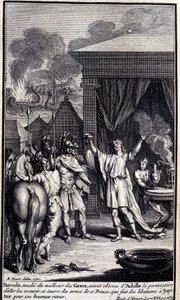 Patroclus, touches the misfortune of the Greeks, having obtained permission from Achilles to go and rescue them, covers himself with the weapons of this prince, who makes libations to Jupiter for his happy return. Illustration of book XVI of the Iliad