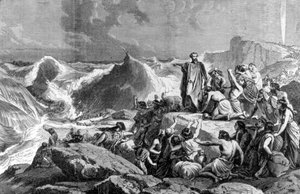 Pharaoh submerged in the Red Sea. 19th century engraving.