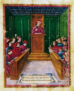 Pietro da Unzola lecturing from legal text to pupils during law lecture at University of Bologna