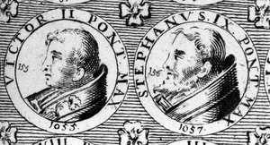 Popes Victor II (died 1057) and Stephen IX (died 1058). Engraving of the 18th century