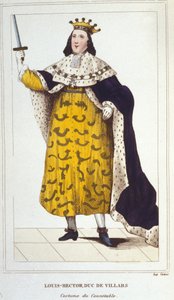 Portrait of Claude, Louis, Hector, Duke of Villars, Marshal of France in Costume by Connetable. Engraving of 1830