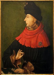 Portrait of Jean Sans Peur, Duke of Burgundy (1371-1419). The ring that he holds in his hand is the ruby of Burgundy bought by Philip the Bold in 1397, which was preserved at the abbey of Saint Benigne in Dijon and handed over by the abbot to every new duk