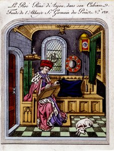 Portrait of King Rene of Anjou (1409-1480), Also Called Rene I of Naples or Rene of Sicily, in His Cabinet - Engraving After a Miniature by Unknown artist