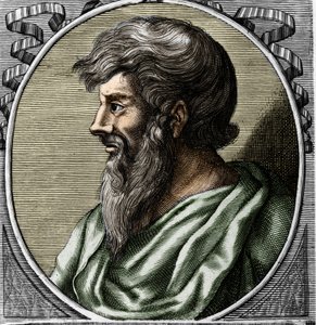 Portrait of Pythagoras (ca. 570 - around 480 BC), Greek mathematician and philosopher. Engraving of the 18th century