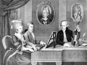 Portrait of Wolfgang Amadeus Mozart between his father and mother. Lithograph of the 19th century.