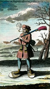 Portrait of a Canadian in snowshoes on the snow going to war