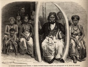 Portrait of an African ivory merchant with his wives. Drawing by Emile Bayard, to illustrate the journey to Gabon, in 1861-64, of Doctor Griffon du Bellay. Engraving in 