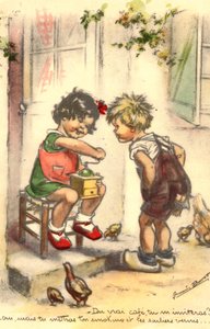Postcard, Kitsch, Two Children with a Coffee Grinder, Girl and Boy