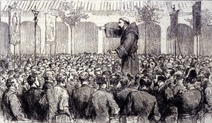 Predication of a Capuchin monk to the pilgrims who came to Lourdes in the High Pyrenees where the Virgin appeared to Bernadette Soubirous in 1858, present place of pilgrimage. Engraving from 1877 by Unknown artist
