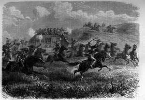 Red Skin Riders attacking a diligence in the Prairie. Engraving in 