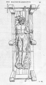 Reduction of fractures: a man is fixed on a stretcher, his broken arm is stretched between the two axes. Plate illustrated of 