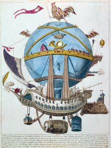 Representation of a journey in a balloon, satirical engraving of the 18th century by Unknown artist