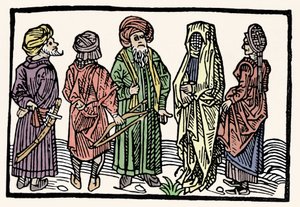 Representation of buckwheat. Men with arms with intertwined heads and veiled women. Xylography of the 15th century