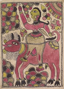 Rider and Four-Legged Bovine Creature in Mauve, Chartreuse and Black Palette