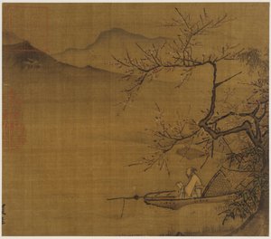 River Landscape: A Man Reading in a Boat Moored Under a Blossoming Tree by Unknown artist