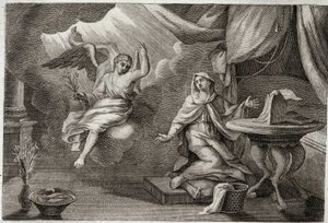 Royaumont Bible, New Testament: Annunciation of the Virgin. Archangel Gabriel has come to deliver a message to Mary. Illustration from 1811.