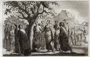 Royaumont Bible, New Testament: Conversion of Zacchaeus. Jesus Christ speaking with Zacchaeus perched on the sycamore. Illustration from 1811.