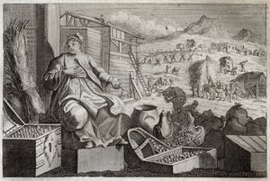 Royaumont Bible, New Testament: Madness of Wealth or The Parable of the Rich Man. Jesus Christ speaks against the vanity of a rich man, who applauded himself in his great possessions, and died the next night. Illustration from 1811. by Unknown artist