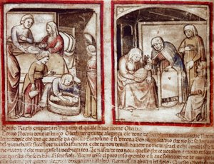 Ruth gives birth to Obed son of Boaz. Miniature from codex 212 (or padovano codice or Bible of Padua) 1390-1400 Rovigo, Accademia dei Concordi by Unknown artist