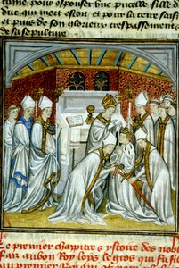 Sacre of Louis VI (1108) - Illumination of manuscript on velin of the Middle Ages “Great Chronicles of Saint-Denis” late 14th century by Unknown artist